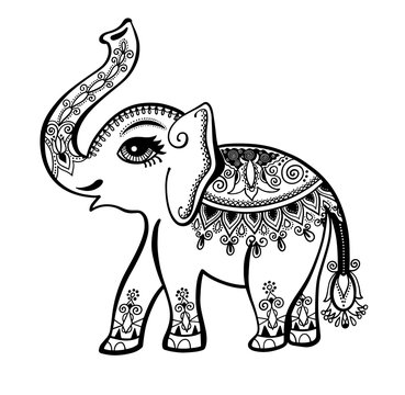 elephant painted tribal ornament, indian vintage graphic ethnic elephant tattoo