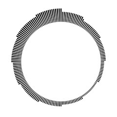 Black circular frame on white background. Round shape. Radial black concentric particles.