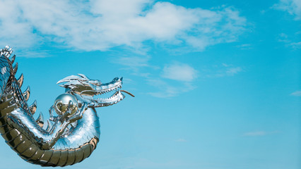 Flying dragon in the sky. Asian culture. The dragon hovers above the ground. Brilliant dragon.