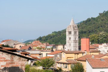 Carrara, Tuscany (Italy): view of the old town with the bell tower of the Cathedral of San Andrea