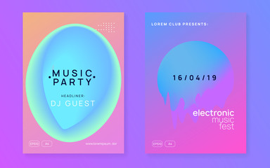 Music flyer set. Fluid holographic gradient shape and line. Minimal trance party banner design. Electronic sound. Night dance lifestyle holiday. Poster for summer fest and music flyer.
