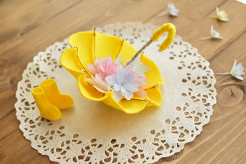 Hydrangea is in a handmade cute umbrella with rainy boots. Rainy season image(72-1）