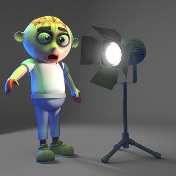 Silly undead zombie monster is dazzled by the spotlight, 3d illustration