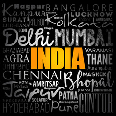 List of cities in India word cloud collage, business and travel concept background