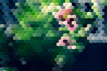 Abstract background with geometric design. Digital futuristic element. Technology. Macro flower cactus. Floral wallpaper. Colorful green blue pink red. Dark background. Color palette.