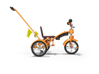 Orange kids bike with telescopic handle side view 3d render on white background with shadow