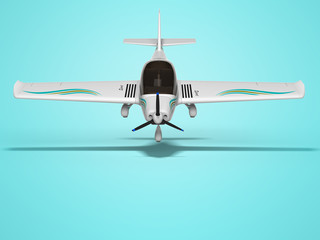 White light aircraft flies down with blue inserts on the wings 3d render on blue background with shadow