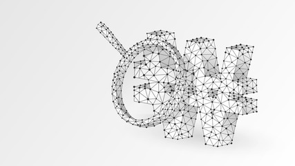 Magnifying glass on South Korean Won currency. Market analysis, business safety, money research concept. Abstract, wireframe low poly mesh vector white origami 3d illustration. Triangle line dot