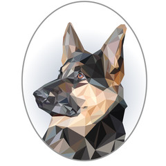  beautiful portrait in oval frame of German shepherd in low poly style