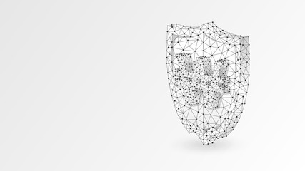Security shield with South Korean Won currency sign. Polygonal concept of safety, money protection. Abstract, digital, wireframe low poly mesh Raster white origami 3d illustration. Triangle, line, dot