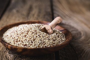 Quinoa seeds on a wooden table