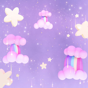 Cartoon magic rainbow waterfalls and shiny stars. 3d rendering picture.
