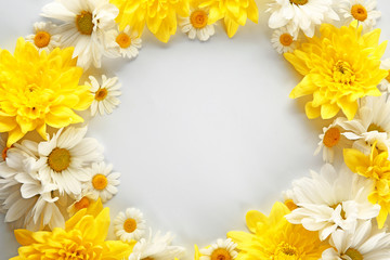 Frame made of beautiful flowers on white background