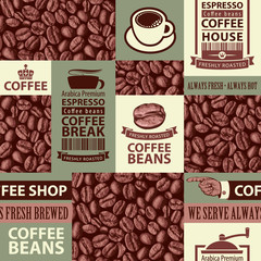 Vector seamless pattern on coffee and coffee house theme with freshly roasted coffee bean, inscriptions and illustrations in retro style. Can be used as wallpaper, wrapping paper or fabric