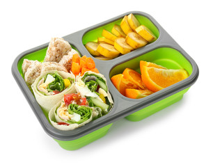 School lunch box with tasty food on white background