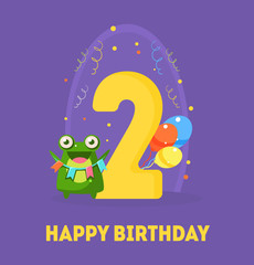 Happy Birthday 2 Years Banner Template, Birthday Anniversary Number Bright Festive Vector Illustration with Cute Animal