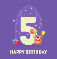 Happy Birthday 5 Years Banner Template, Birthday Anniversary Number Bright Festive Vector Illustration with Cute Animal