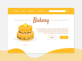 Bakery Recipe Banner, Landing Page Template with Cake and Place for Text, Culinary Blog, Food Delivery Vector Illustration