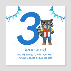 Happy Birthday 3 Years Banner Template, Birthday Anniversary Number with Cute Raccoon Boy Animal, Bright Festive Vector Illustration