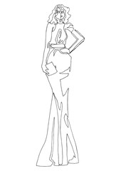 Fashion women illustration in long dress. Fashion illustration silhouette of model in line sketching. Hand drawn young model art. Woman in long dress with pleats in black ink lines illustration 