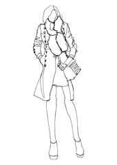 Fashion hand drawn model sketch posing. Woman in fashion clothes line sketch isolated figure. Fashion illustration runway model art black white minimalism art. Silhouette isolated for magazine 
