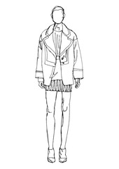 Glamour silhouette hand drawn model sketch. Woman in dress drawing line sketch isolated figure. Fashion illustration runway model art black white minimalist art. Single line sketch fashion pose 