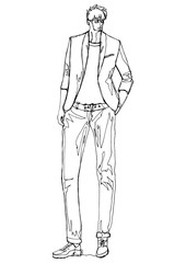 Fashion hand drawn model man sketch posing. Woman in fashion clothes line sketch isolated figure. Fashion illustration runway model art black white minimalism art. Silhouette isolated for magazine 