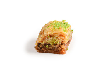 Pistachio baklava on a white background. Dessert.