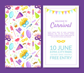 Obraz premium Welcome to Carnival, Masquerade Party Banner, Flyer or Invitation Card Template with Place for Text, Two Sides Vector Illustration