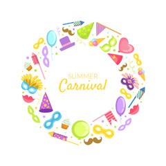 Summer Carnival Frame wih Place for Text, Celebration Party Objects in Circular Shape, Masquerade Symbols Vector Illustration
