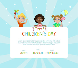 Childrens Day Banner, Flyer or Invitation Card Template with Place for Text Vector Illustration