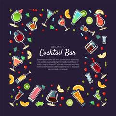 Welcome to Cocktail Bar Banner Template with Place for Text, Alcoholic Beverages, Restaurant, Cafe, Party Invitation, Card, Flyer Vector Illustration
