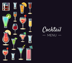 Cocktail Menu Banner Template, Alcoholic Beverages, Bar, Restaurant, Cafe, Party Invitation, Card, Flyer Vector Illustration