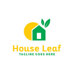 House Leaf Logo Design With Flat Green And Yellow Style Color Concept. Floral Geometric Logotype. Natural And Leave Emblem For Company. Eco Icon For Agribusiness. Creative And Natural Graphic Idea.