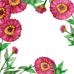 Watercolor hand painted natural blossom squared frame with red and yellow flowers on the green branches and leaves for invitations and greeting cards with the space for text