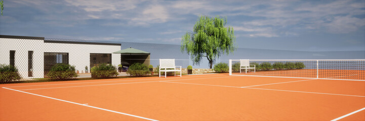 vue 3d terrain de tennis privé en terre battue  - obrazy, fototapety, plakaty
