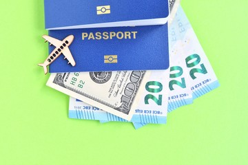 id passport with dollars and euro cash on green background, selective focus. Documents for a foreign business trip. Tourist trip concept with identity document, money and wooden airplane. Vacation 