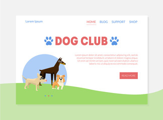 Dog Club Banner, Landing Page Template with Place for Text, Dog Training, Walking and Grooming Vector Illustration