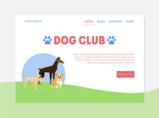 Naklejka premium Dog Club Banner, Landing Page Template with Place for Text, Dog Training, Walking and Grooming Vector Illustration