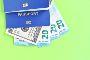 id passport with dollars and euro cash on green background, selective focus. Documents for a foreign business trip. Tourist trip concept with identity document, money and empty space for text.