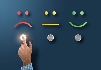 customer service rating and survey concept with dissatisfied customer touching interface button...