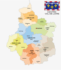 administrative and political map of the region Centre Val de Loire with flag, france