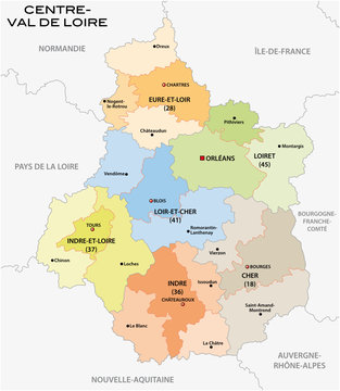 administrative and political map of the region Centre Val de Loire, france