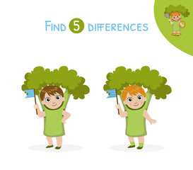 Find Differences, Educational Game for Kids, Cute Girl in Broccoli Costume Vector Illustration
