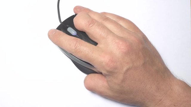 A person with disabilities works in the office. Fingerless hand with a computer mouse on a white background.