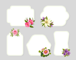 Flower Frames Card Templates with Blooming Flowers Set, Elegant Floral Design Element Can Be Used for Banners, Posters, Wedding Invitations, Greeting Cards Vector Illustration