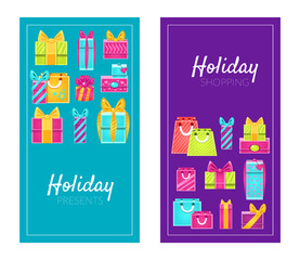 Holiday Shopping Presents Promotion Advertising Banners Templates Set, Can Be Used for Poster, Greeting or Invitation Card, Flyer, Tag Vector Illustration