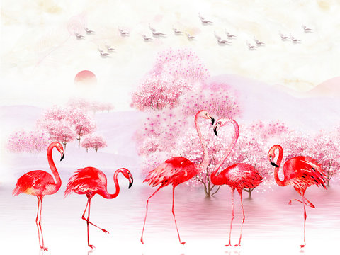 Pink landscape illustration, lake, trees, fog, sunrise, flock of birds in the sky, five bright flamingos in the foreground © TimKats