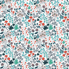 Seamless pattern with hand drawn plants. Wildflowers, berries and other plants.