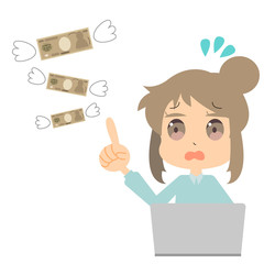 ネットショッピングでお金を使い過ぎた女性のイラスト